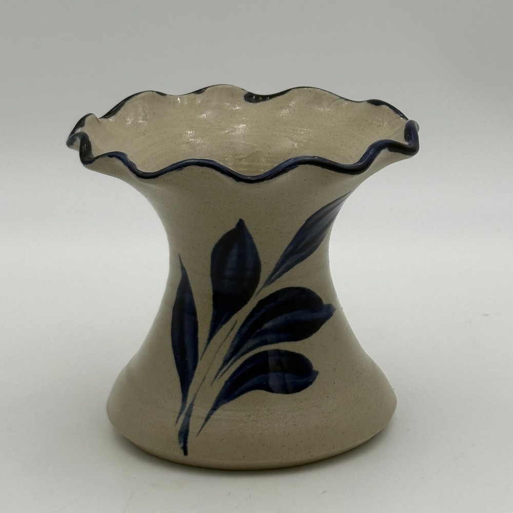 WPF Pottery 2001 Blue Leaf Salt Glaze Stoneware Ruffled Vase Farmhouse Decor